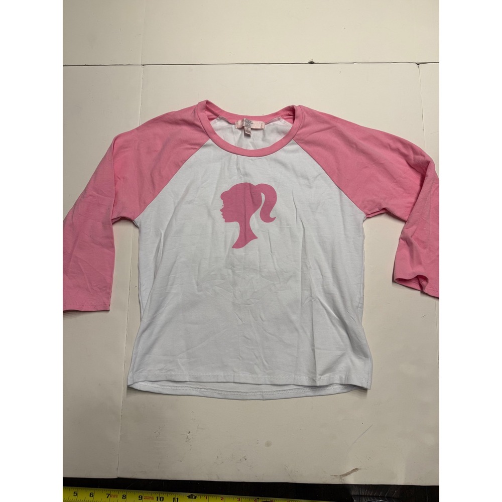 Moa Moa Girls Pink White Barbie Silhouette Raglan Baseball Tee Shirt Size L